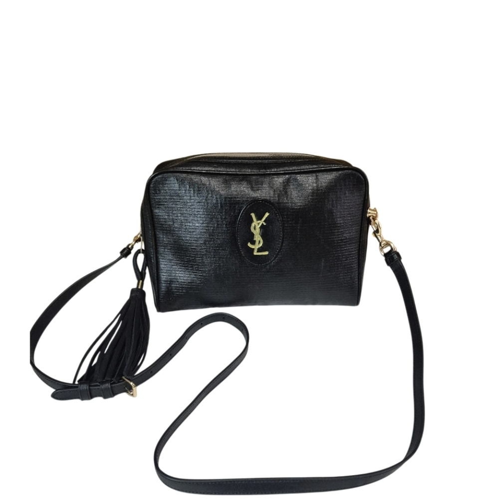 Vintage Yves Saint Laurent Black Crossbody Bag with Gold Accents